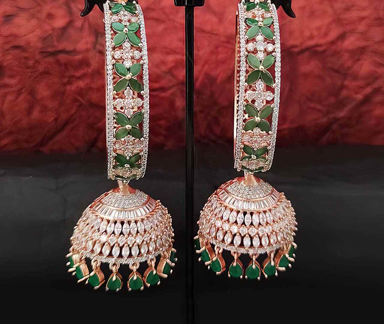 Indian Wedding Jewellery for Women- Mutlipal flower inside round and bottom jhumka green color