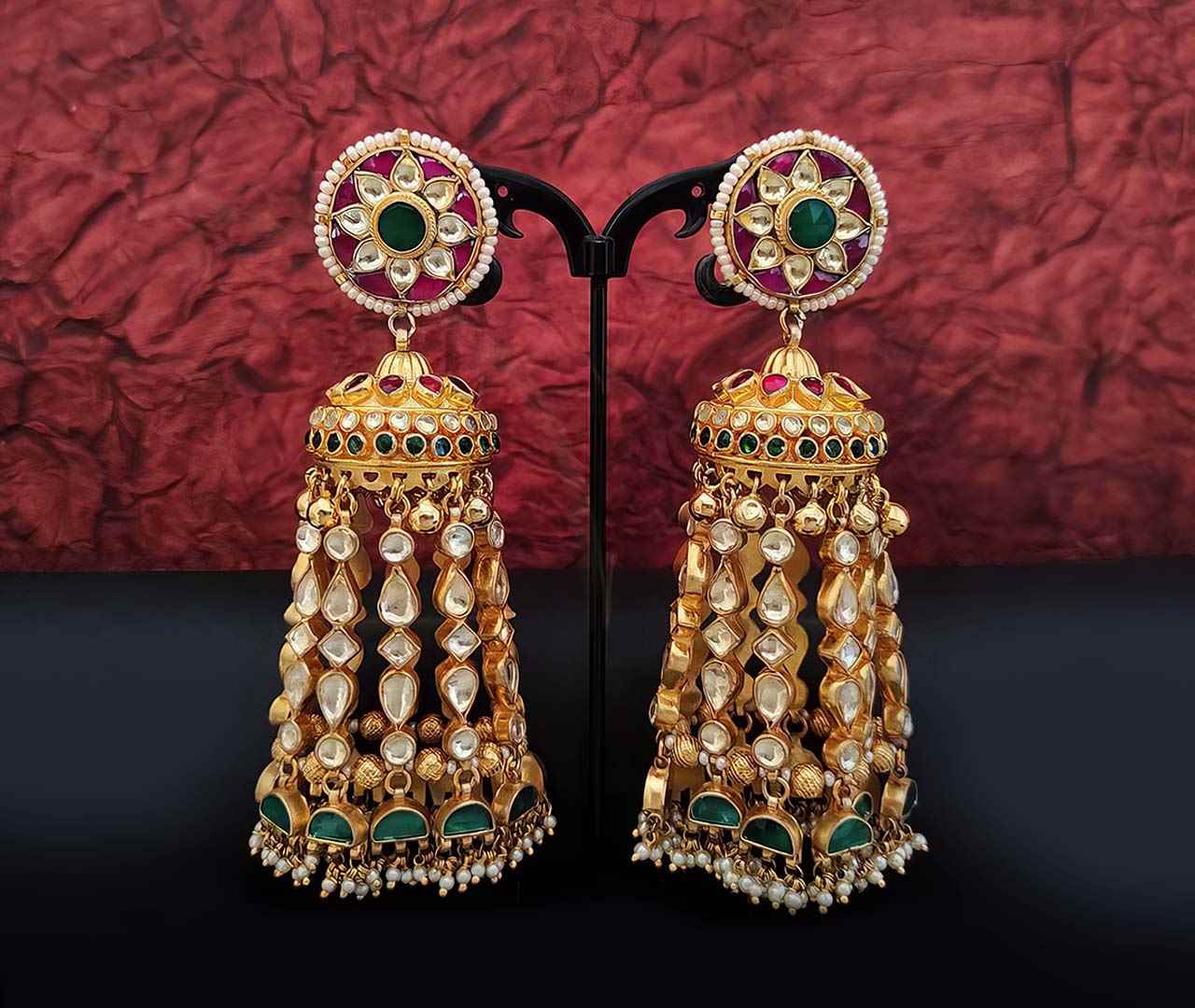 Indian Wedding Jewellery for Women - Kundan Earring design flower design inside round bottom with big kundan jhumka with bottom pearls