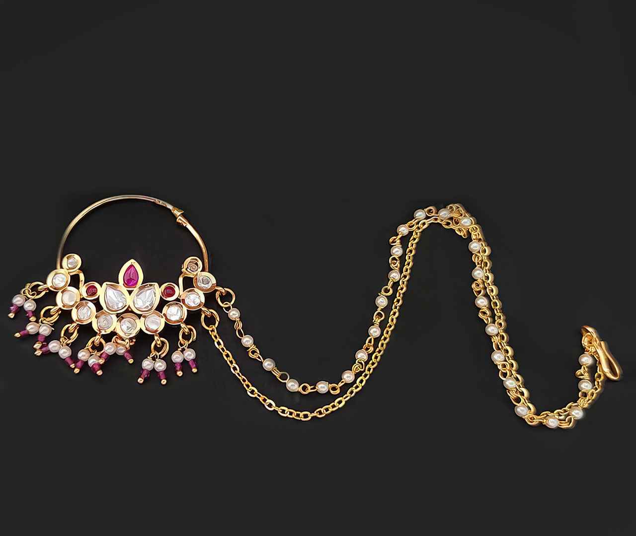 Indian Wedding Jewellery for Women - Kundan nath -multiple kundan with long mala to attached in hair