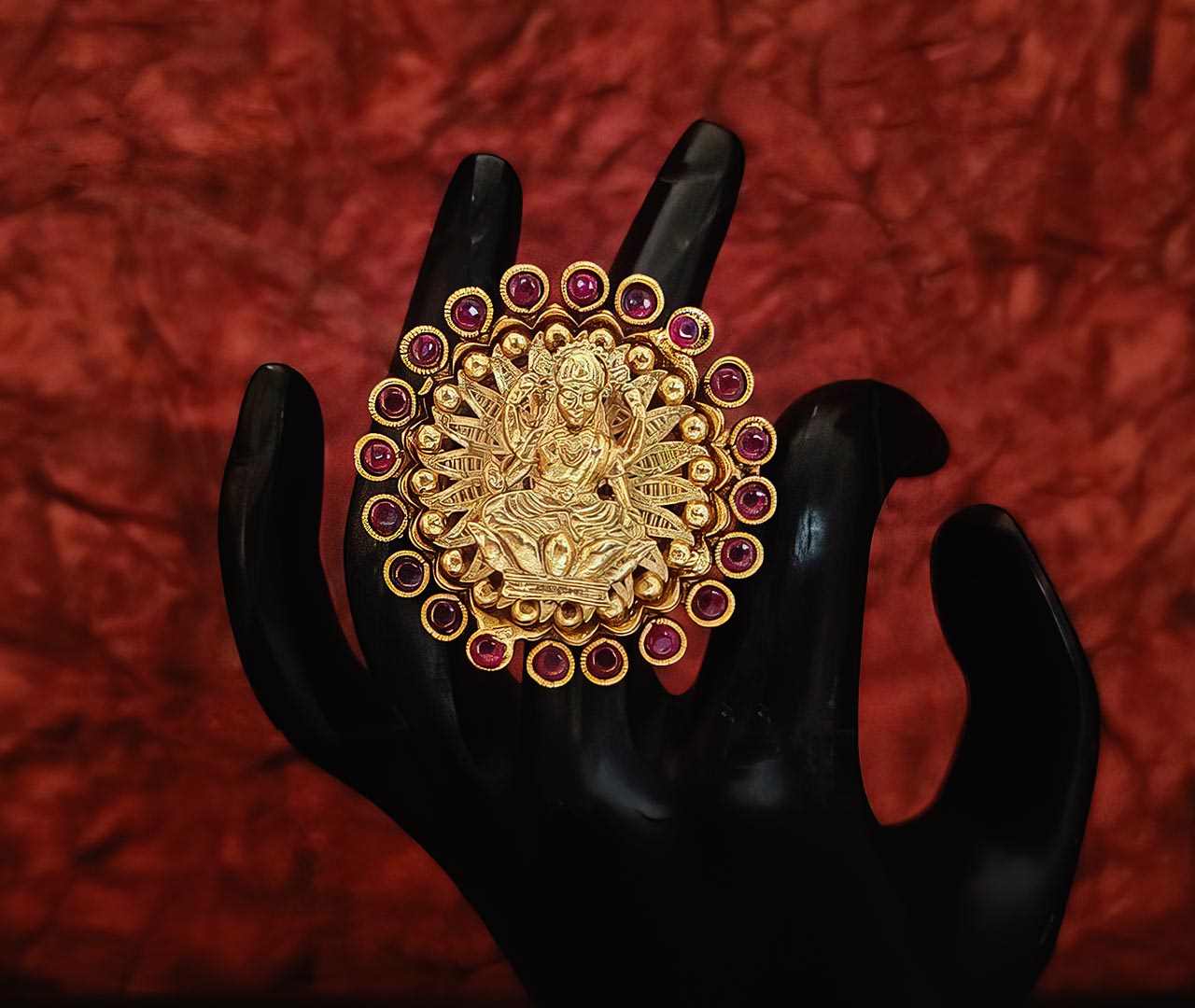 Indian Wedding Jewellery for Women - Temple finger ring with god laxmi design flower design behind god laxi