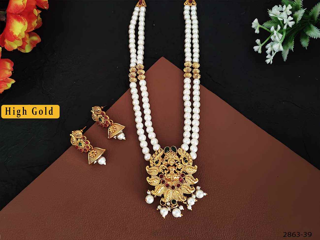 beautiful god laxmi pendant with 2 layer moti mala pendant temple set