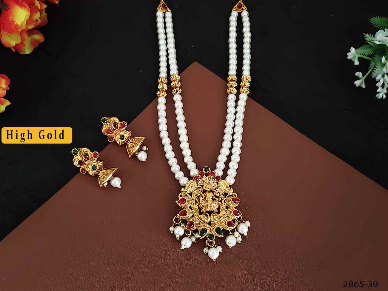 beautiful god laxmi pendant with 2 layer moti mala pendant temple set