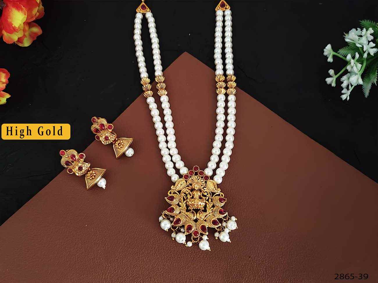 beautiful god laxmi pendant with 2 layer moti mala pendant temple set