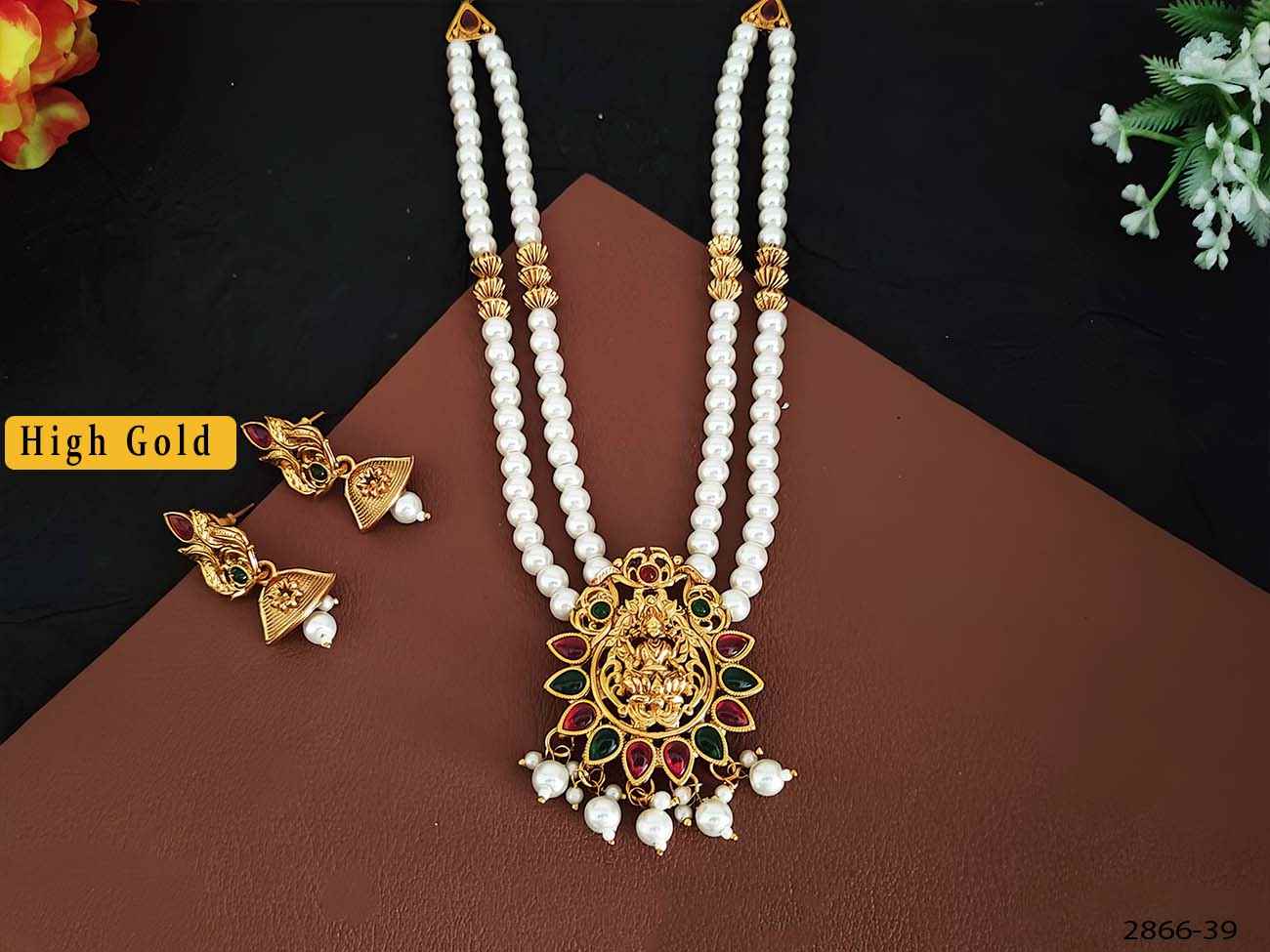 beautiful god laxmi pendant with 2 layer moti mala pendant temple set