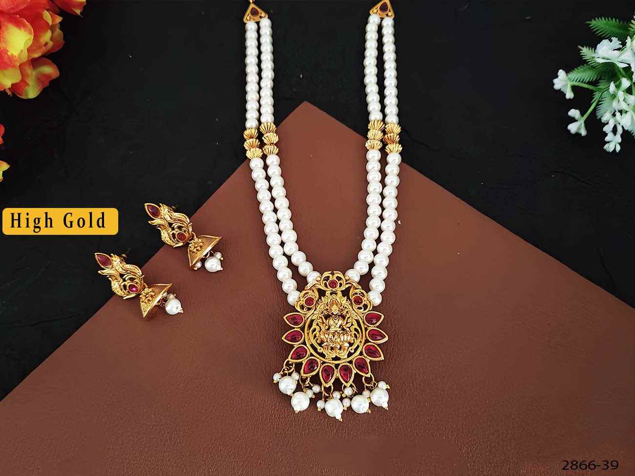 beautiful god laxmi pendant with 2 layer moti mala pendant temple set