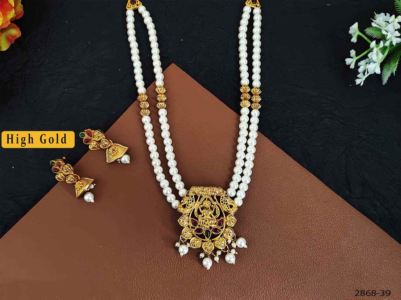 beautiful god laxmi pendant with 2 layer moti mala pendant temple set