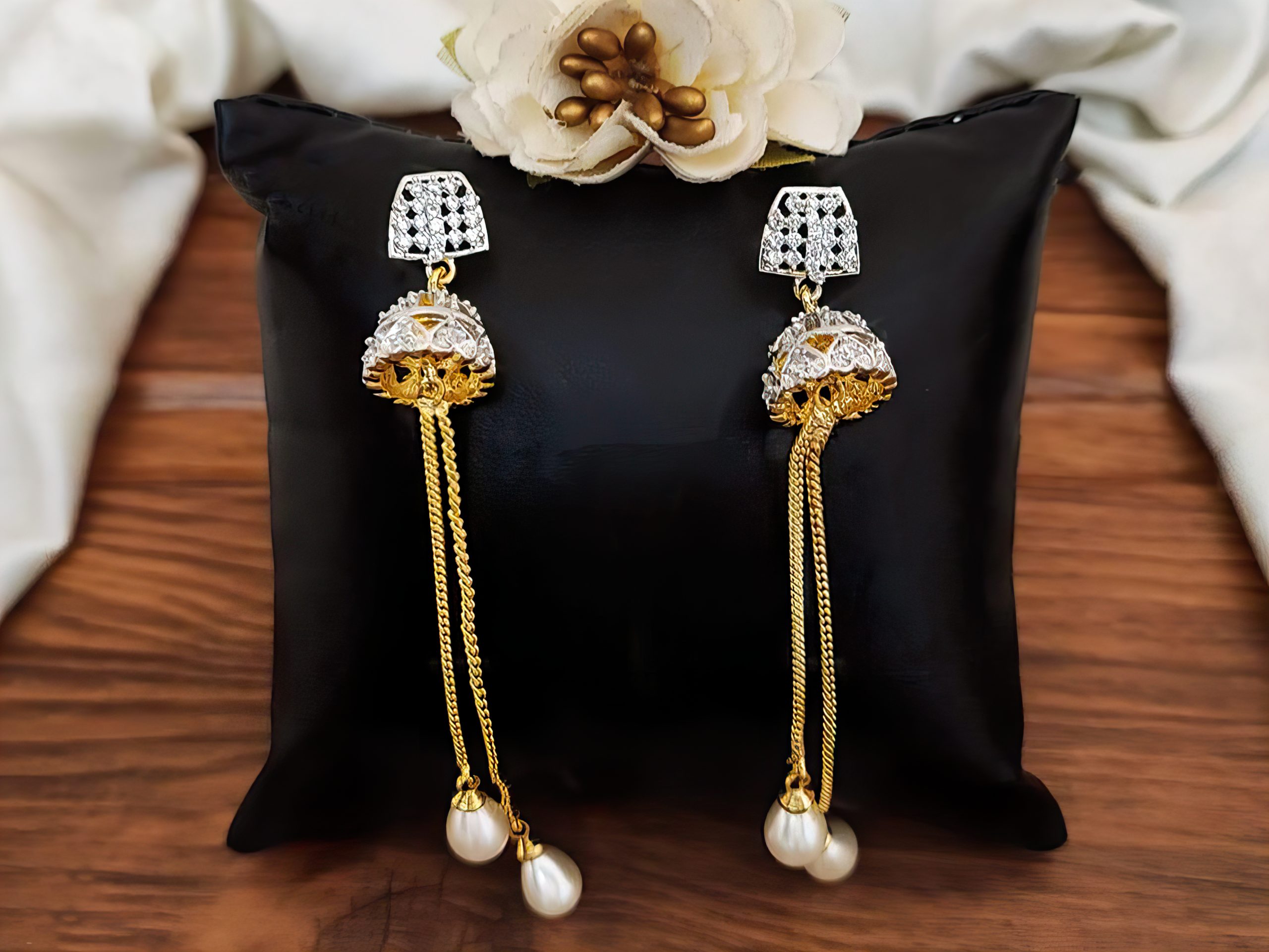 American diamond jhumka earring with chain moti