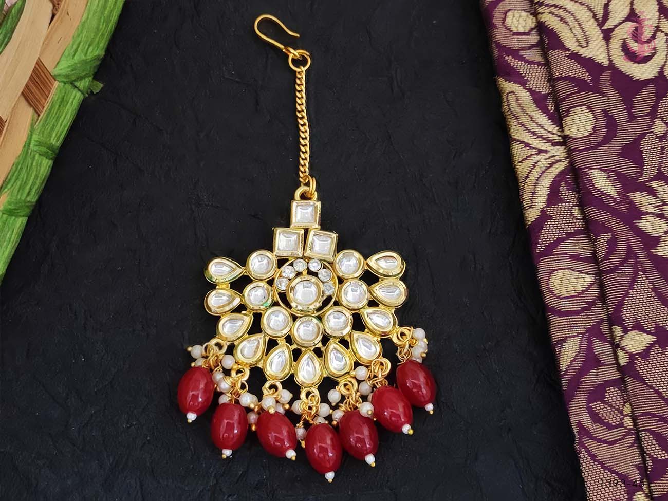 Clustered Pearl Kundan Stone Party wear Kundan Maang Tikka