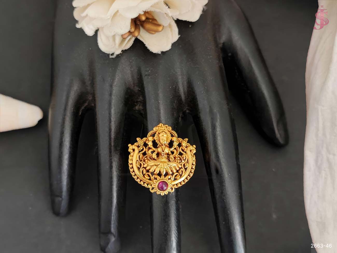 God Laxmi and peacock Temple Finger Ring