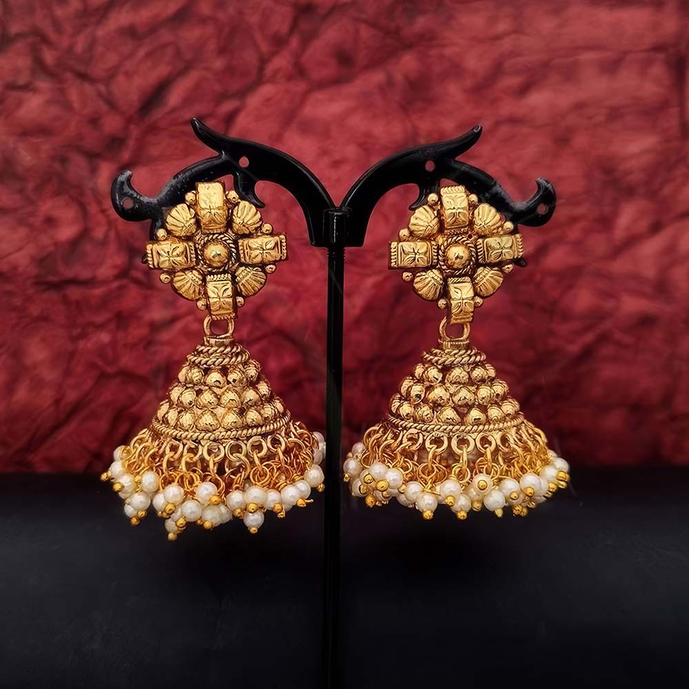 Designer High Gold Polish Clustered Pearl Jhumka Earrings for Women & Girl | JS Fashion