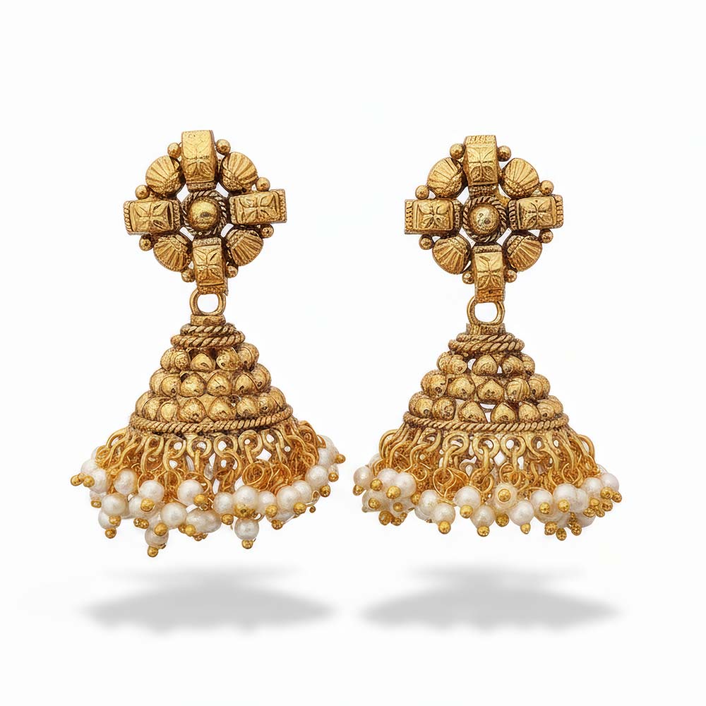 Designer High Gold Polish Clustered Pearl Jhumka Earrings for Women & Girl | JS Fashion