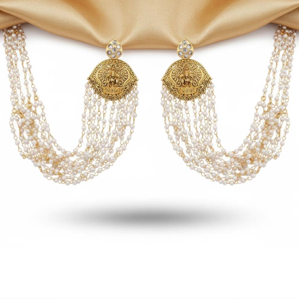 Laxmi Design Clustered Pearls Temple Jewellery Kaan Chain Earrings for Women