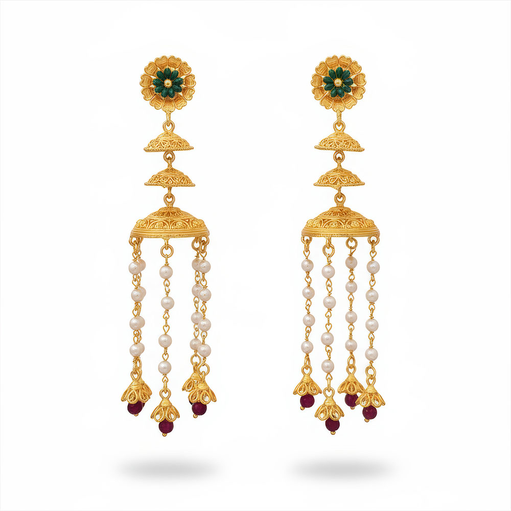Triple Jhumki Chain Fall Fancy Party Jhumka Earrings for Women & Girls Traditional Jewellery