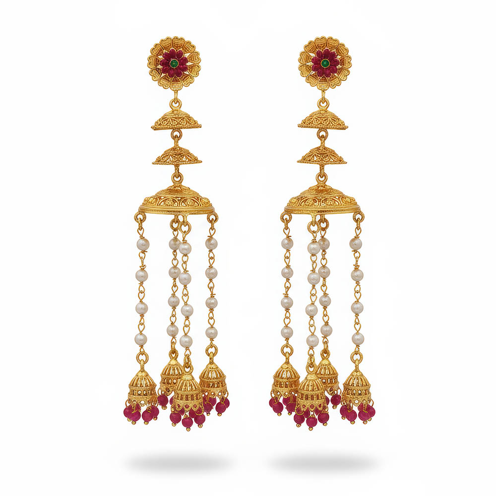 Triple Jhumki Chain Fall Fancy Party Jhumka Earrings for Women & Girls Traditional Jewellery
