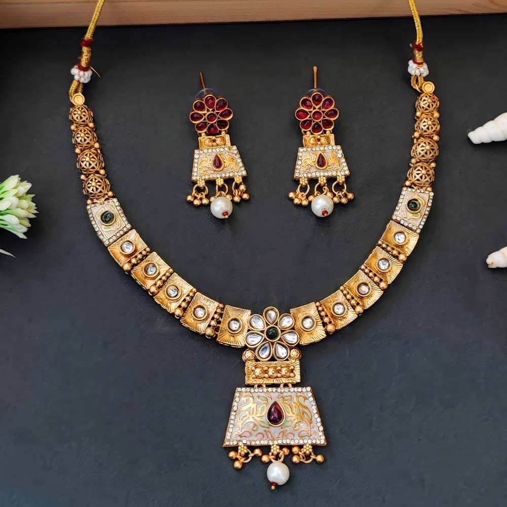 Traditional Antique Necklace Set for Women | Pearl Drop Design | Ethnic Gold Finish Jewellery for Wedding & Festive Wear