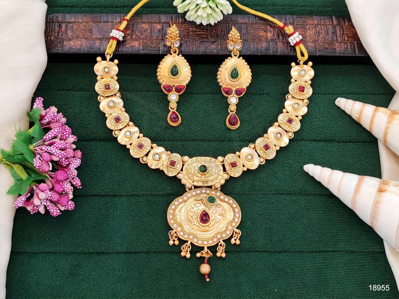 Antique Designer High Gold Polish Full Stone Short Necklace Set for WomenPartNS-18955RG-61-MTB