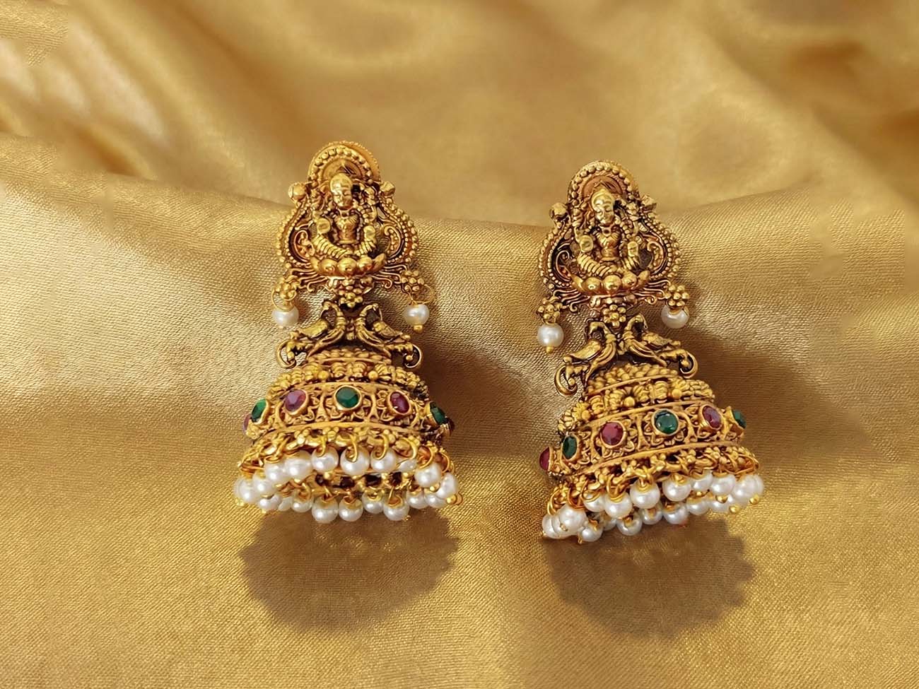 God Lakshmi Motif Rajwadi Temple Jhumka Earrings for Women & Girls