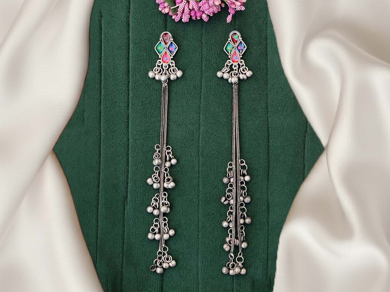 Tribal Oxidized Long Earrings with Multicolor Stones for Women & Girls