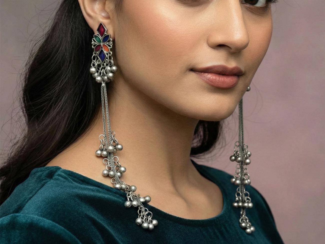Traditional Long Oxidized Earrings with Ghungroo for Women & Girls