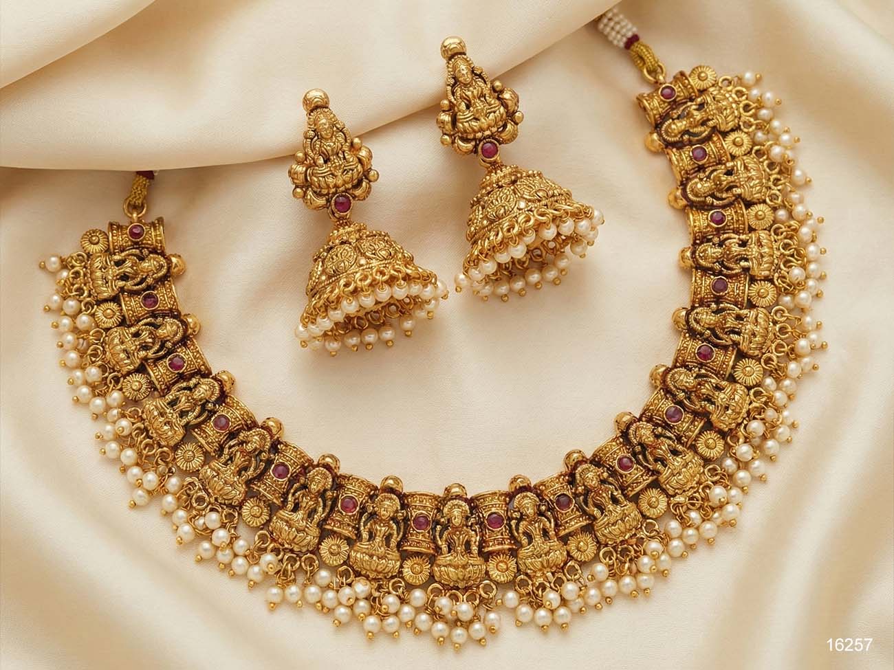 God Lakshmi Temple Jewelry High Gold Polish Clustered Pearl Short Necklace Set ANS-16257RU-222-SIA