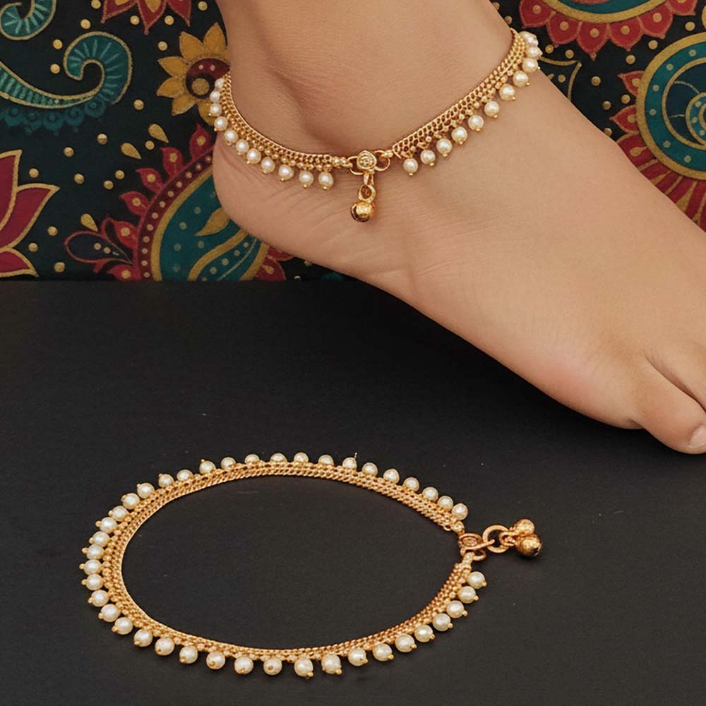 High Gold Classic Pearl Party Wear Payal for Women & Girls | Designer Gold‑Tone Pearl Anklet for Weddings, Receptions & Festive Functions