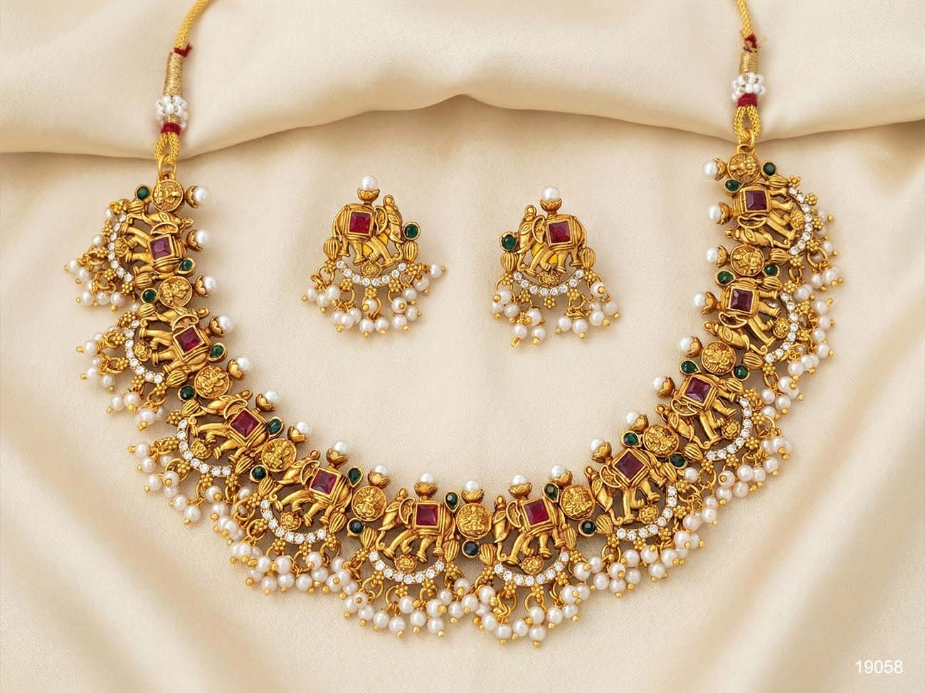 Traditional Elephant Motif God Lakshmi Temple Rajwadi Necklace Set with Earrings NS-19058RG-76-TMB